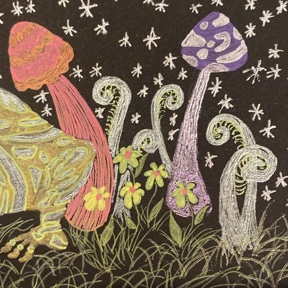 Unframed Original Art Drawing Mystical Frog Ferns n’ Mushrooms Illustration - Picture 5 of 5